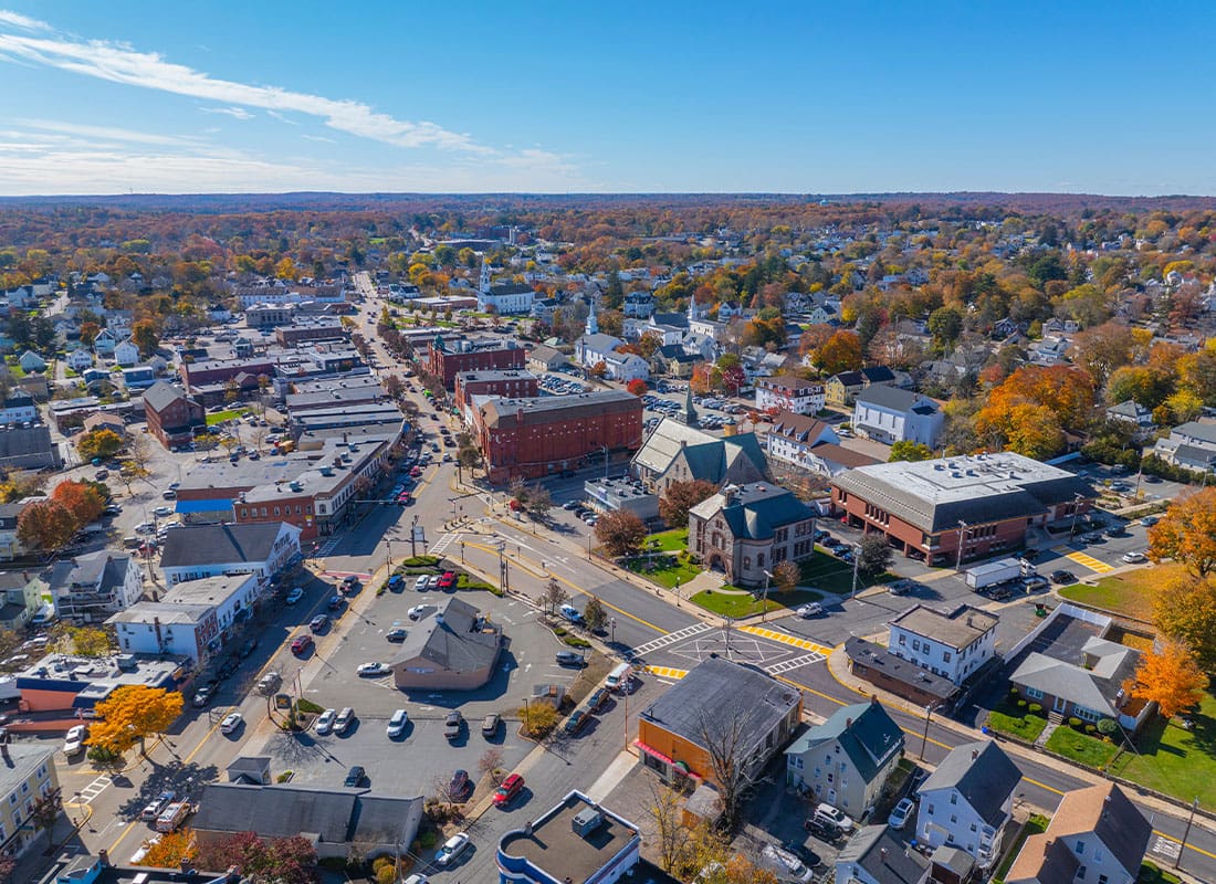 Georgetown, MA - Historic Commercial Building in Fall on Main Street in Historic Town Center of Milford, Massachusetts